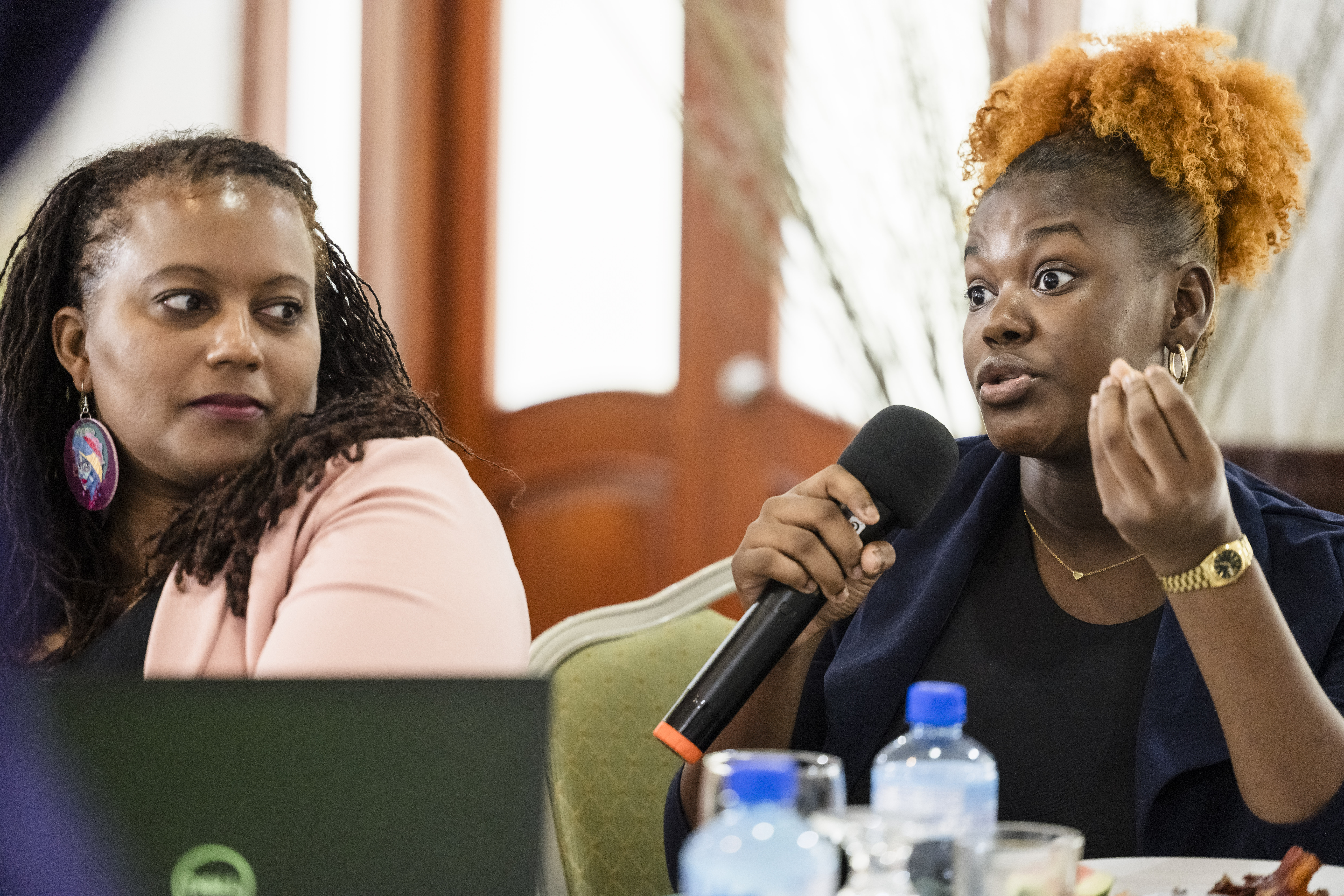 Two women sitting in a room one is holding a microphone speaking