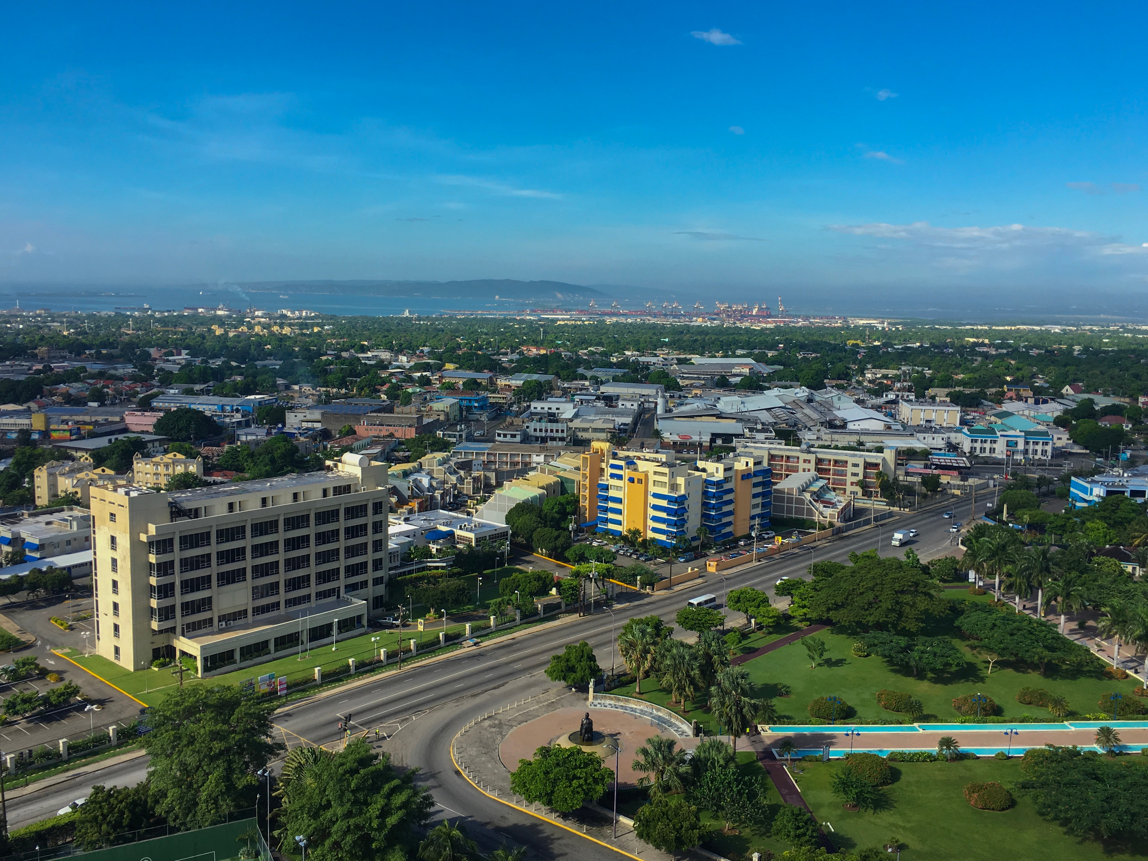 Aerial view of new Kingston blue skies, greenery including emancipation park