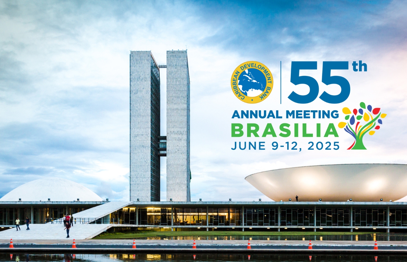 External view of the National Congress Palace, modernist architecture designed by architect Oscar Niemeyer. with CDB's 5th Annual Meeting in top right corner.