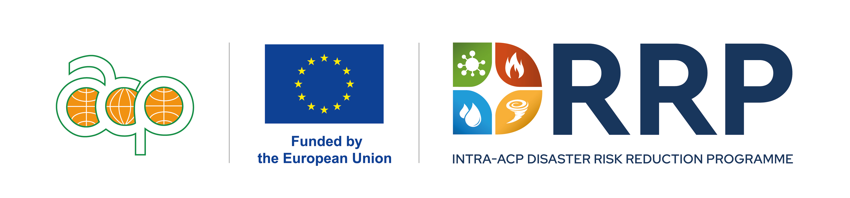 Logos of three entities arranged in a row: The ACP (African, Caribbean, and Pacific Group of States) logo on the left, the European Union logo in the center with the text 'Funded by the European Union' below it, and the Intra-ACP Disaster Risk Reduction Programme (RRP) logo on the right featuring colorful icons representing disaster risk elements.