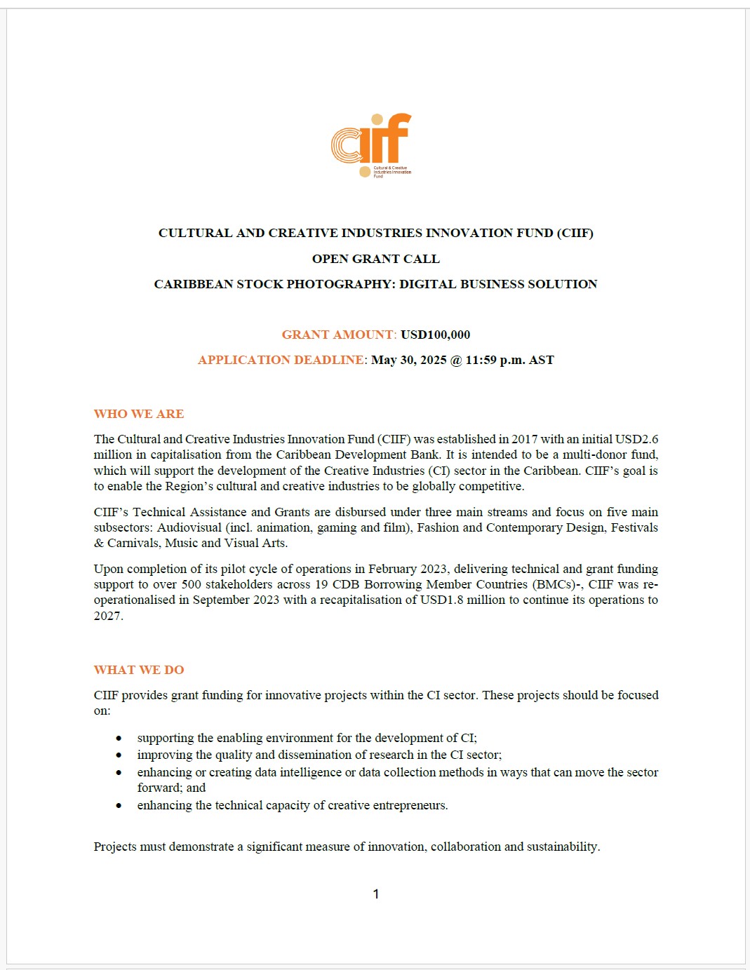 Cover page of CIIF Open Call for Caribbean Stock Photography Digital Business Solutions with grant amount and application deadline, as well as blurbs on who is CIIF and what it does.