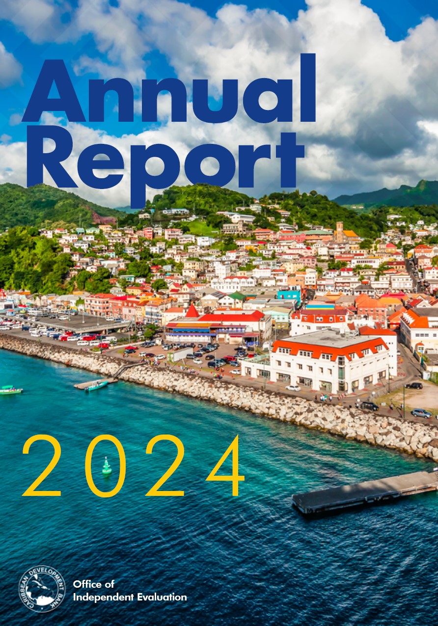Cover of the 2024 Annual Report for the Office of Independent Evaluation (OIE) at the Caribbean Development Bank. The image features a vibrant waterfront cityscape with colorful buildings, lush green hills, and a clear blue sky. The title 'Annual Report 2024' is prominently displayed in bold blue and yellow text, with the CDB logo and 'Office of Independent Evaluation' at the bottom left corner.