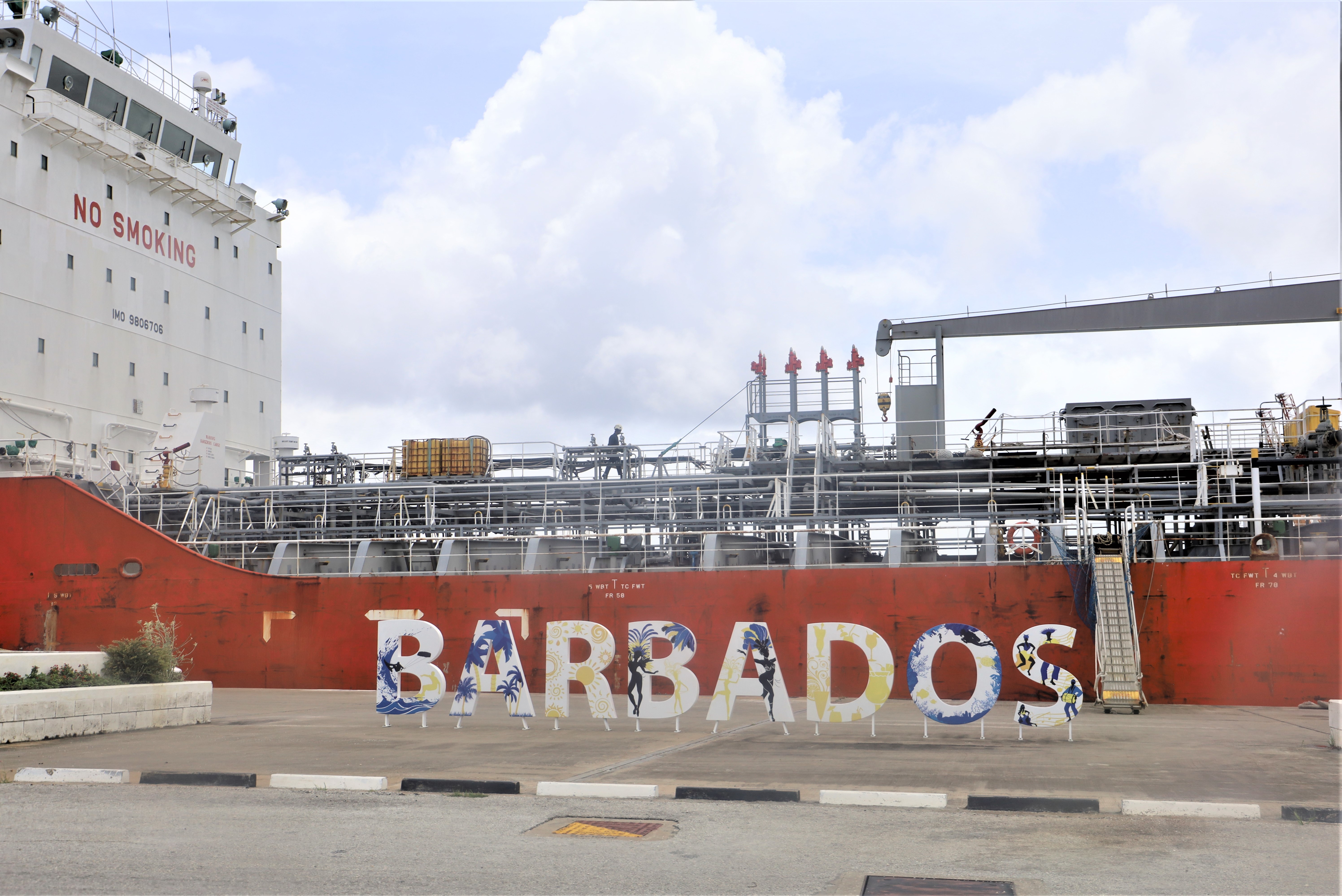 Bridgetown port with Barbados sign