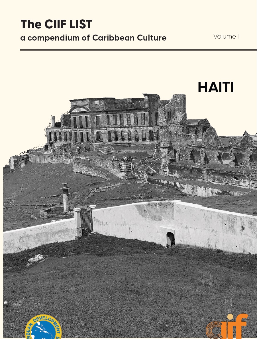 Beige cover with black and white photo of stone ruins in Haiti