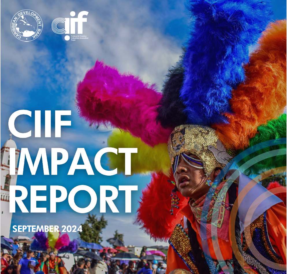 Colourful Report Cover with costumed feathered man outside against a bright blue sky