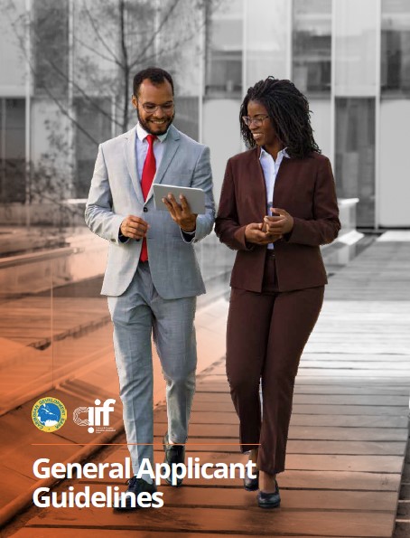 Two professionals, a man in a light grey suit and a red tie and a woman in a brown suit, walk together outdoors while reviewing information on a tablet. The text at the bottom reads 'General Applicant Guidelines,' accompanied by the logos of the Caribbean Development Bank and CIIF.