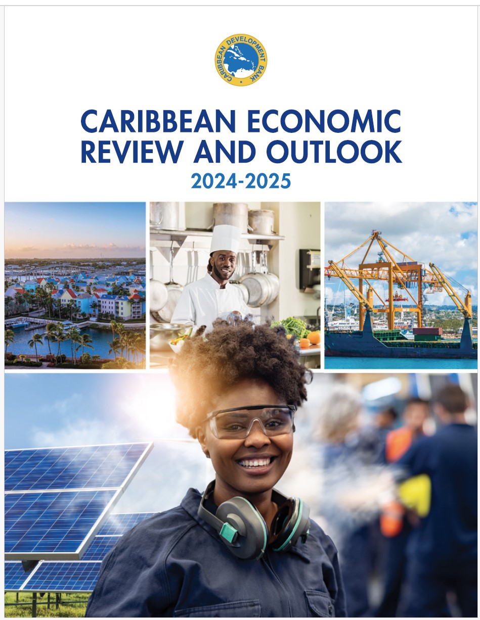 Cover of the 'Caribbean Economic Review and Outlook 2024-2025' report by the Caribbean Development Bank. Features the CDB logo at the top, bold text for the report title, and a collage of images including a scenic Caribbean coastal town, a chef in a professional kitchen, a cargo crane at a port, solar panels, and a smiling woman wearing safety goggles and headphones with industrial workers in the background.