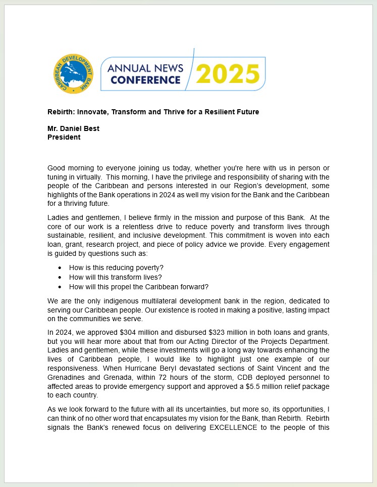 Cover page of a remarks titled 'Rebirth: Innovate, Transform and Thrive for a Resilient Future' by Mr. Daniel M. Best, President of the Caribbean Development Bank (CDB). Delivered at CDB's 2025 Annual News Conference on March 19, 2025, at the Errol Barrow Centre for Creative Imagination in Barbados. The page includes the 2025 Annual News Conference branding at the top left.