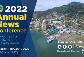 aerial shot of Caribbean port with hills in background overlayed with event details to the left