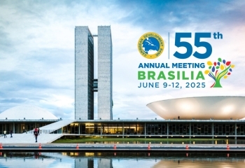 External view of the National Congress Palace, modernist architecture designed by architect Oscar Niemeyer. with CDB's 5th Annual Meeting in top right corner.